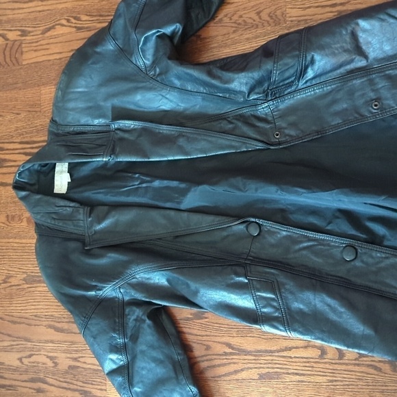 Vtg 80s Michelle Stuart black leather sleek witchy matrix maxi trenchcoat. Sz S - Picture 10 of 12